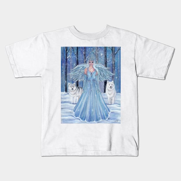 Rahmiel winter angel with wolves by Renee Lavoie Kids T-Shirt by ReneeLLavoie